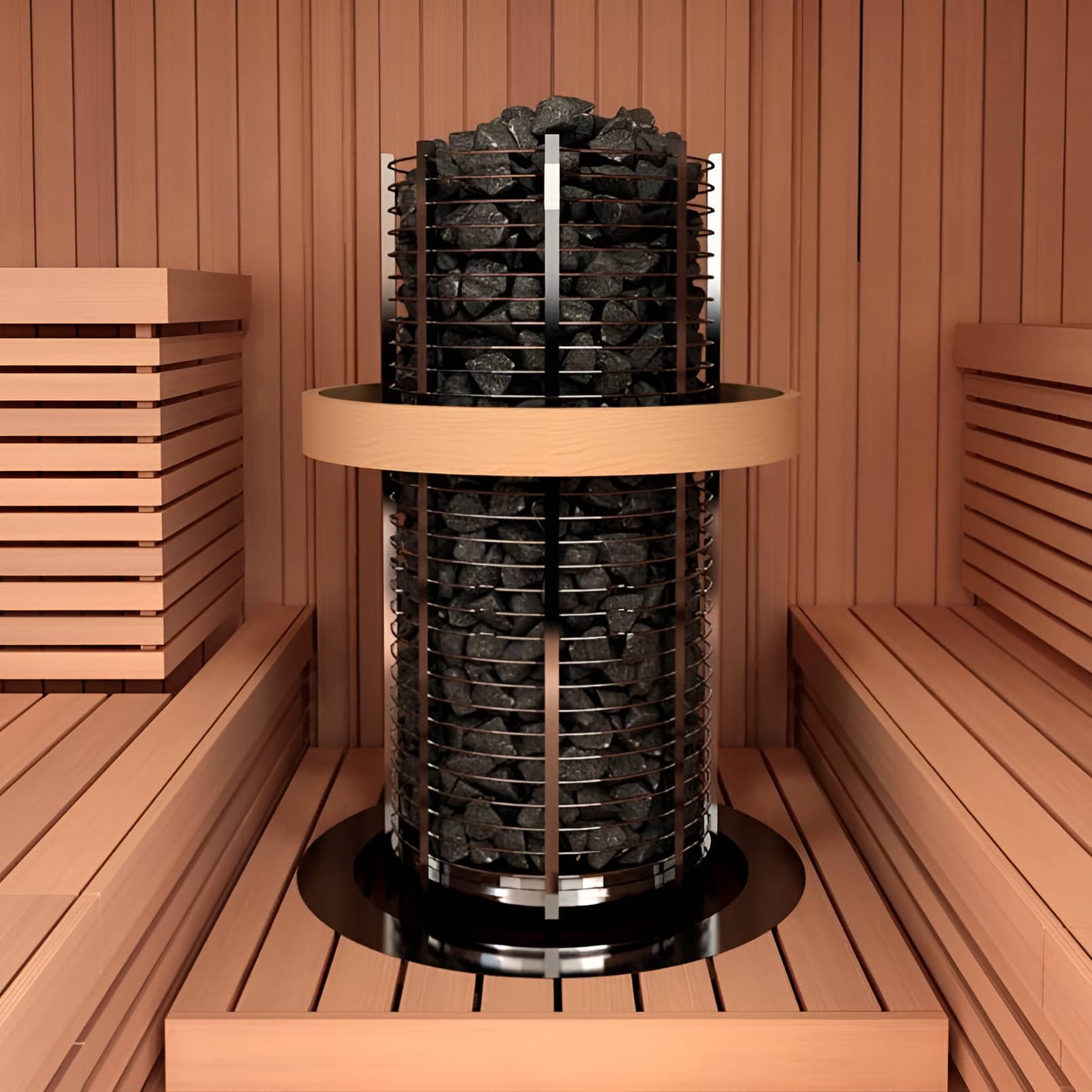 Електрокам'янка Sawo Tower Heater TH3-60NS-P-C в інтер'єрі сауни